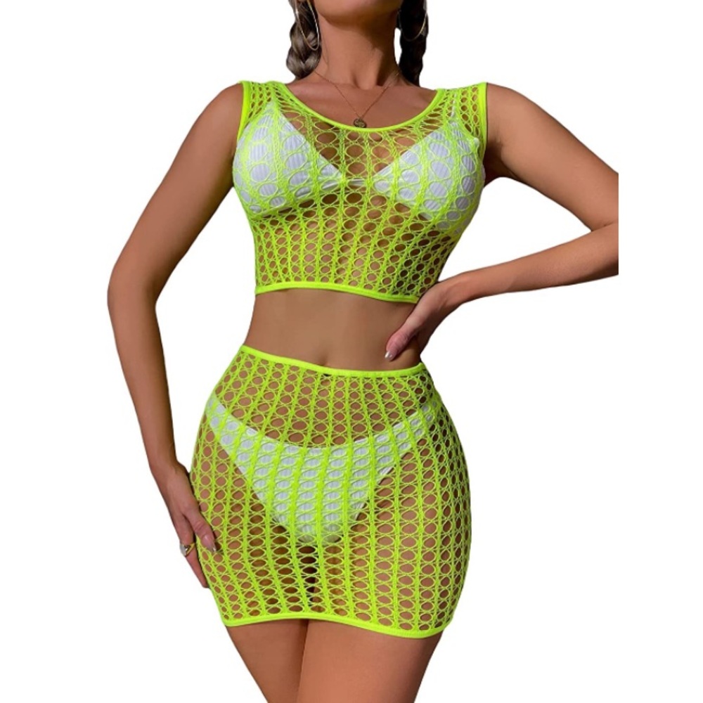 Bright Green Open Mesh 2 Piece Skirt Set - Picture 3 of 5